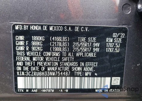 2022 Honda Hr-V Lx из США, поврежденный, VIN 3CZRU6H33NM754487